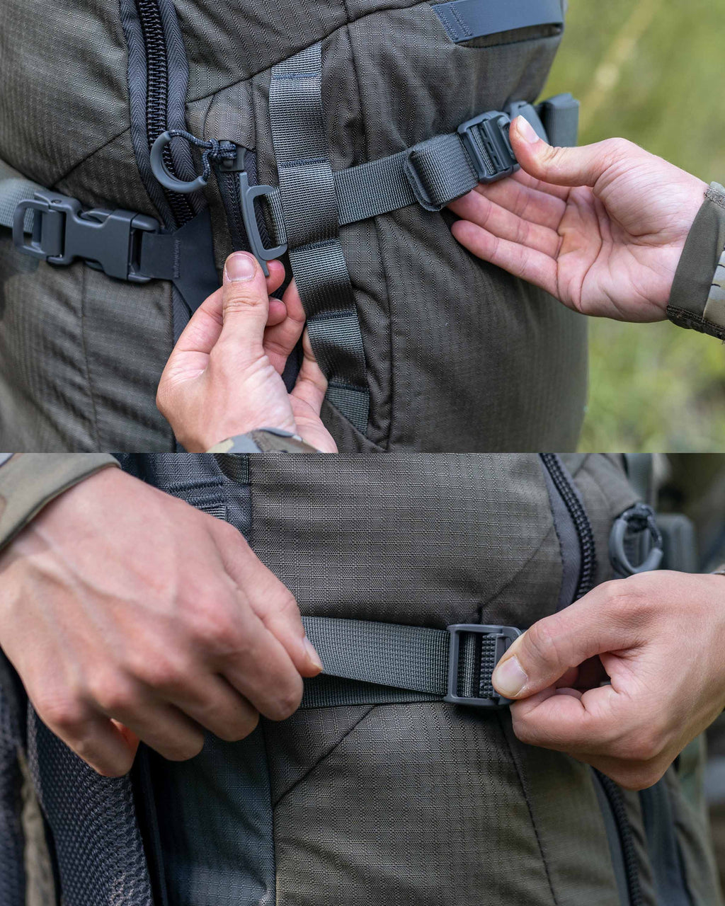 Split image of a person displaying compression strap through the side webbing of the ICON 6 3500 in Ash Brown.