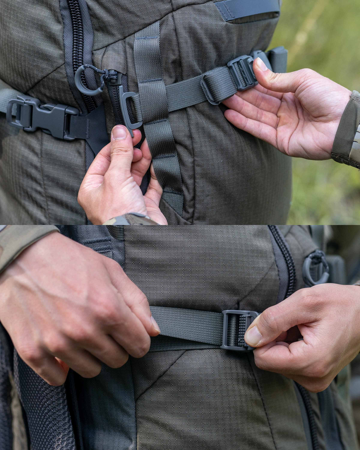 Split image of a person displaying compression strap through the side webbing of the ICON 6 3500 in Ash Brown.