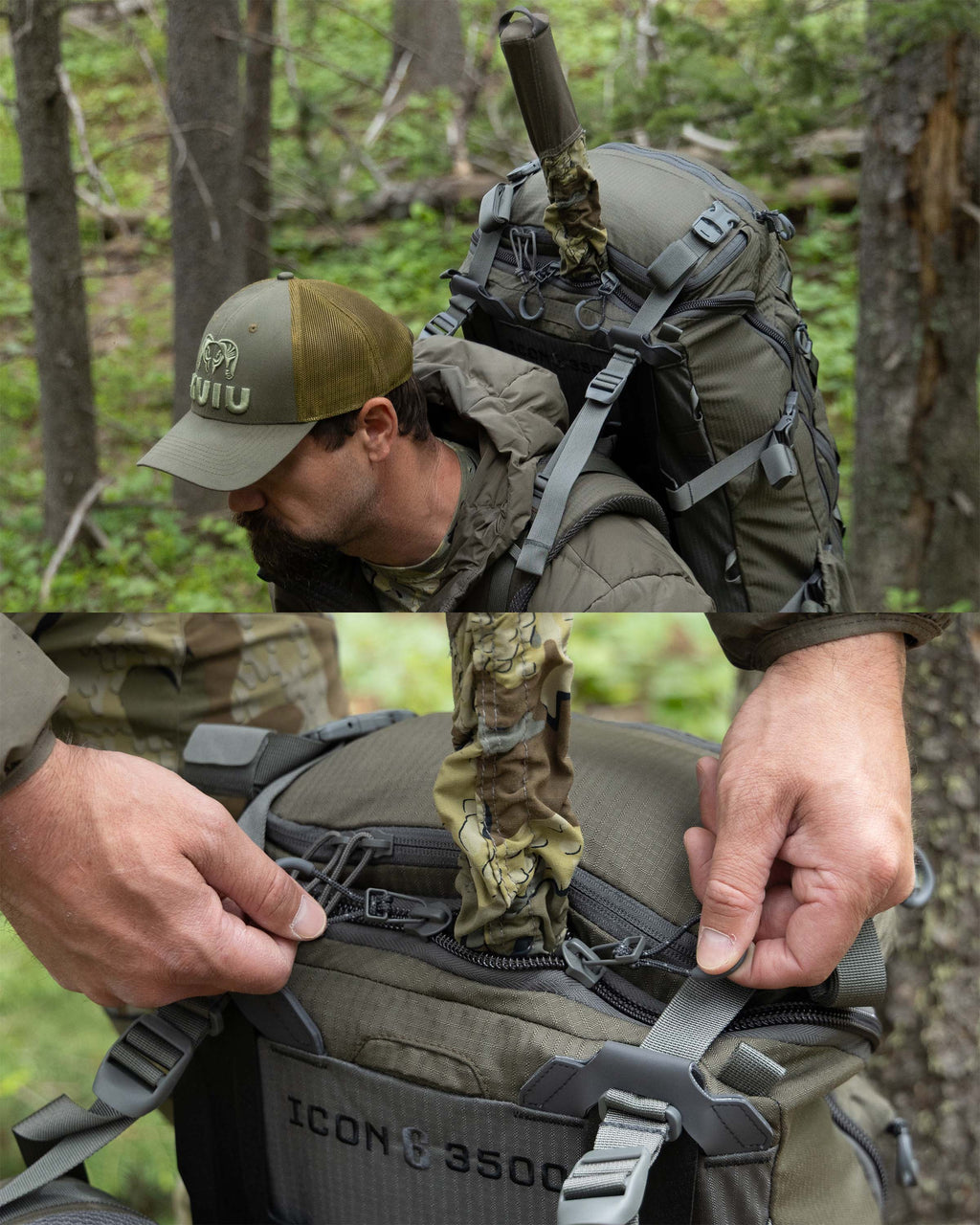 Split image of a hunter carrying an ICON 6 3500 Pack in Ash Brown and bottom image displaying the extended zipper patch for easy internal carry of a rifle, optics or a game quarter.