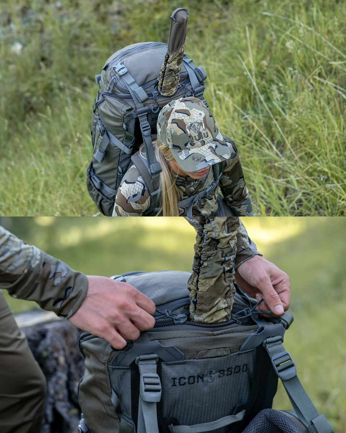 Split image of a Women hunter carrying an ICON 6 3500 Pack in Ash Brown and bottom image displaying the extended zipper patch for easy internal carry of a rifle, optics or a game quarter.