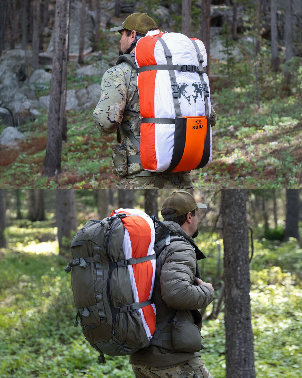 Split images of hunter wearing KUIU ICON 6 3500 hunting pack in with pack load hauler and load sling mode.