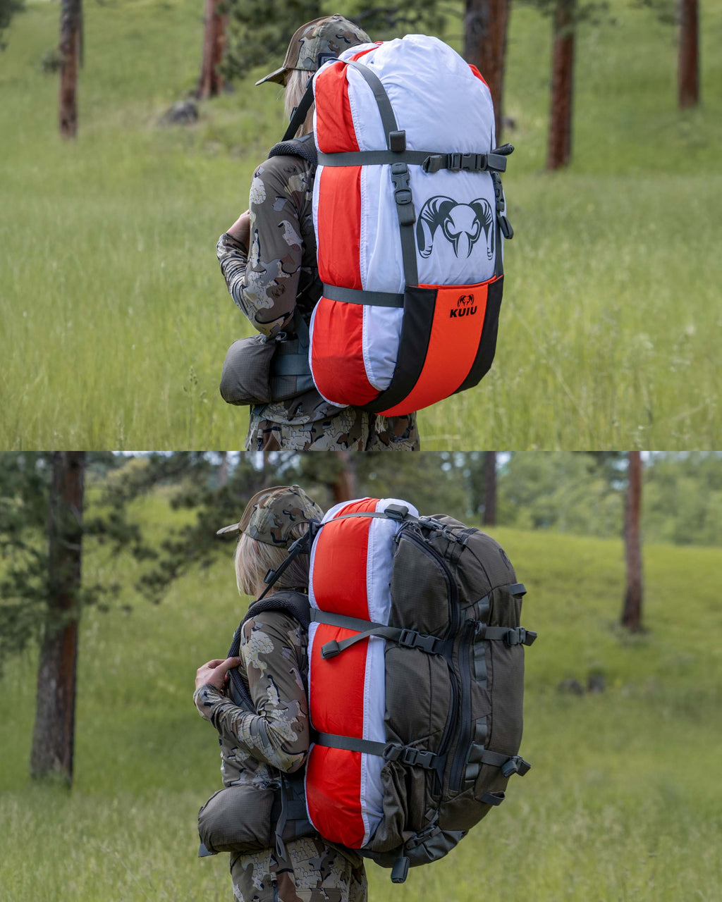 Split images of women hunter wearing KUIU ICON 6 3500 hunting pack with pack load hauler and load sling mode.