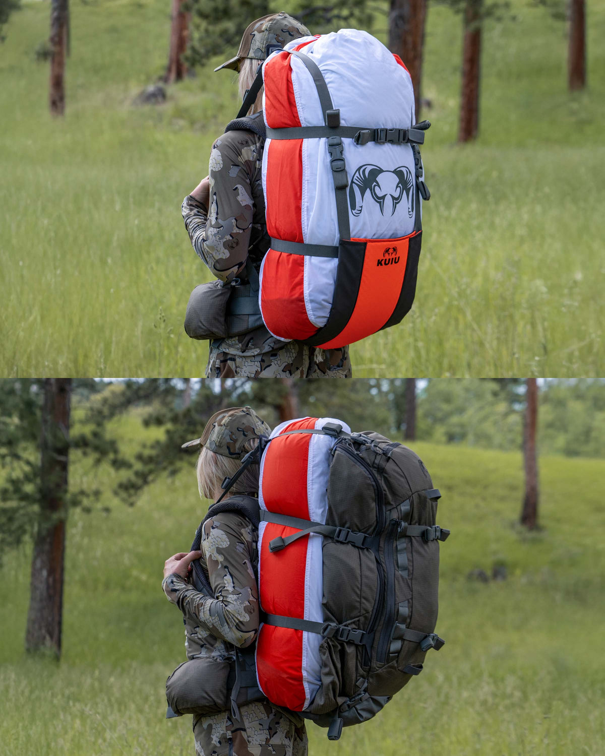Split images of women hunter wearing KUIU ICON 6 3500 hunting pack with pack load hauler and load sling mode.