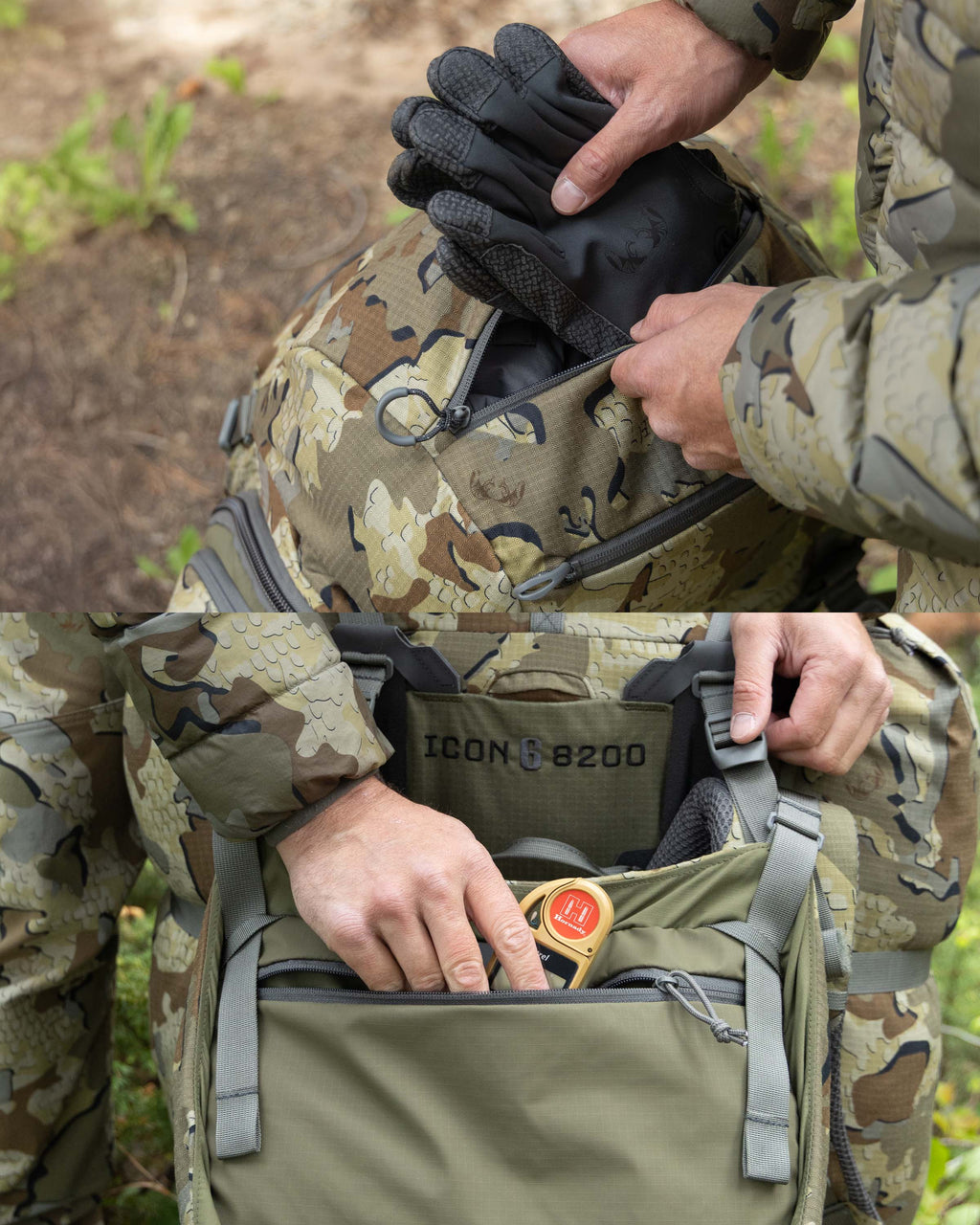 Split image of hunter's hand stowing a pair of gloves in the top accessory pocket and a weather meter in the front zippered pocket of an ICON 8200 Pack in Valo Camouflage.