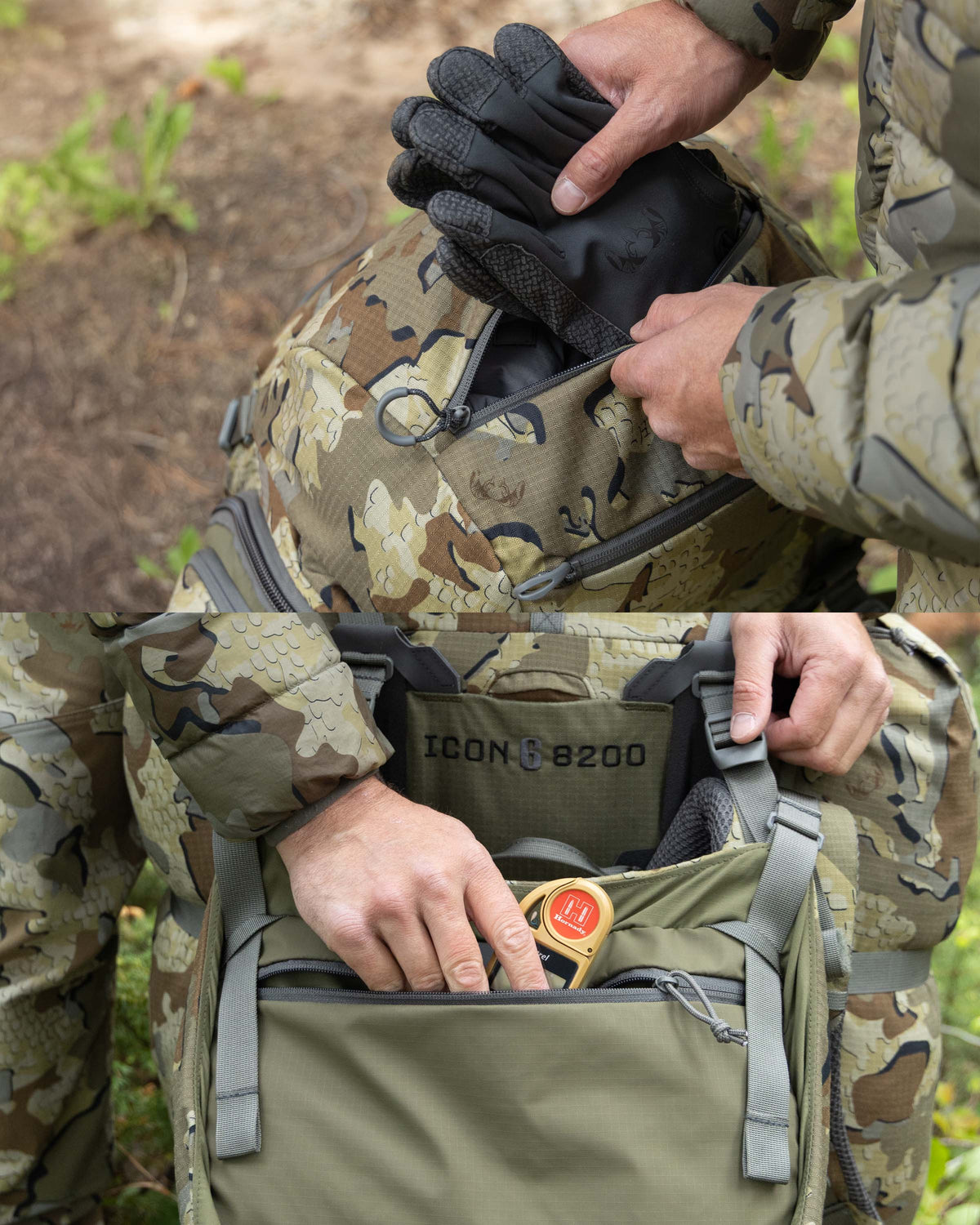 Split image of hunter's hand stowing a pair of gloves in the top accessory pocket and a weather meter in the front zippered pocket of an ICON 8200 Pack in Valo Camouflage.
