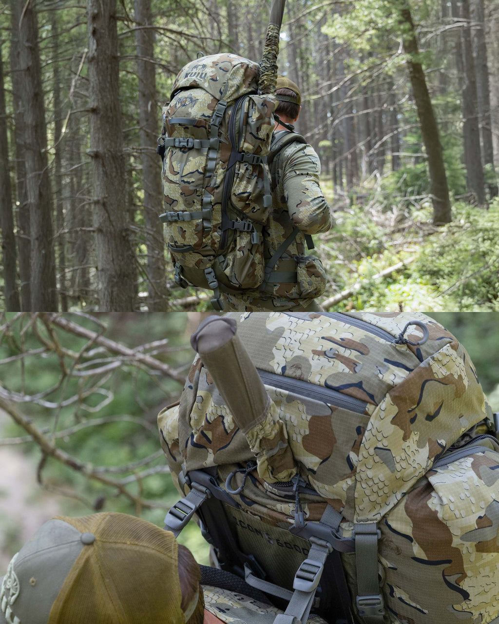 Split image of a hunter carrying an ICON 6 6000 Pack in Valo Camouflage and bottom image of a covered rifle barrel protruding from the extended zipper opening.