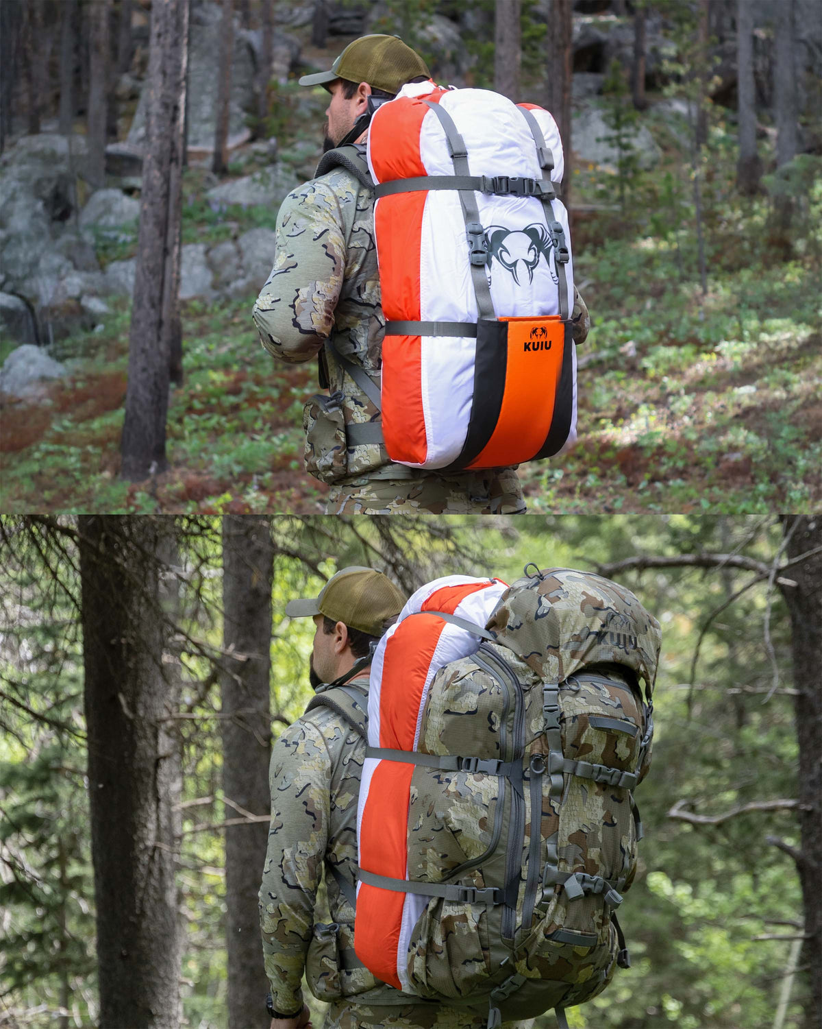 Split images of hunter wearing KUIU ICON 6 6000 hunting pack with pack load hauler and load sling mode.