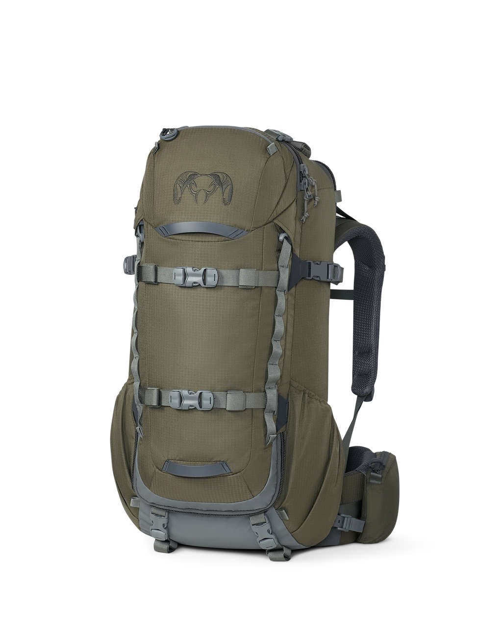 Front angled view of ICON 6 4500 Pack without lid in Verde Camouflage