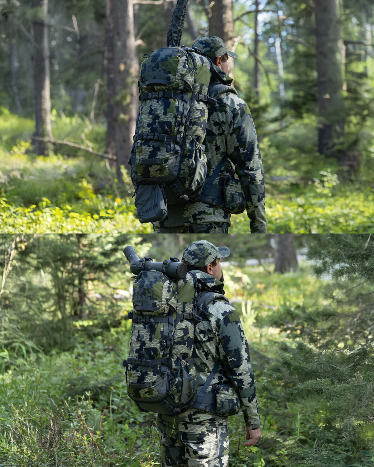 Split images of a hunter with an ICON 6 Divide 4500 Pack in Verde Camouflage walking through a forest with a covered rifle barrel protruding from the extended zipper opening. Bottom image is shown with a spotting scope strapped on the upper part of the pack.