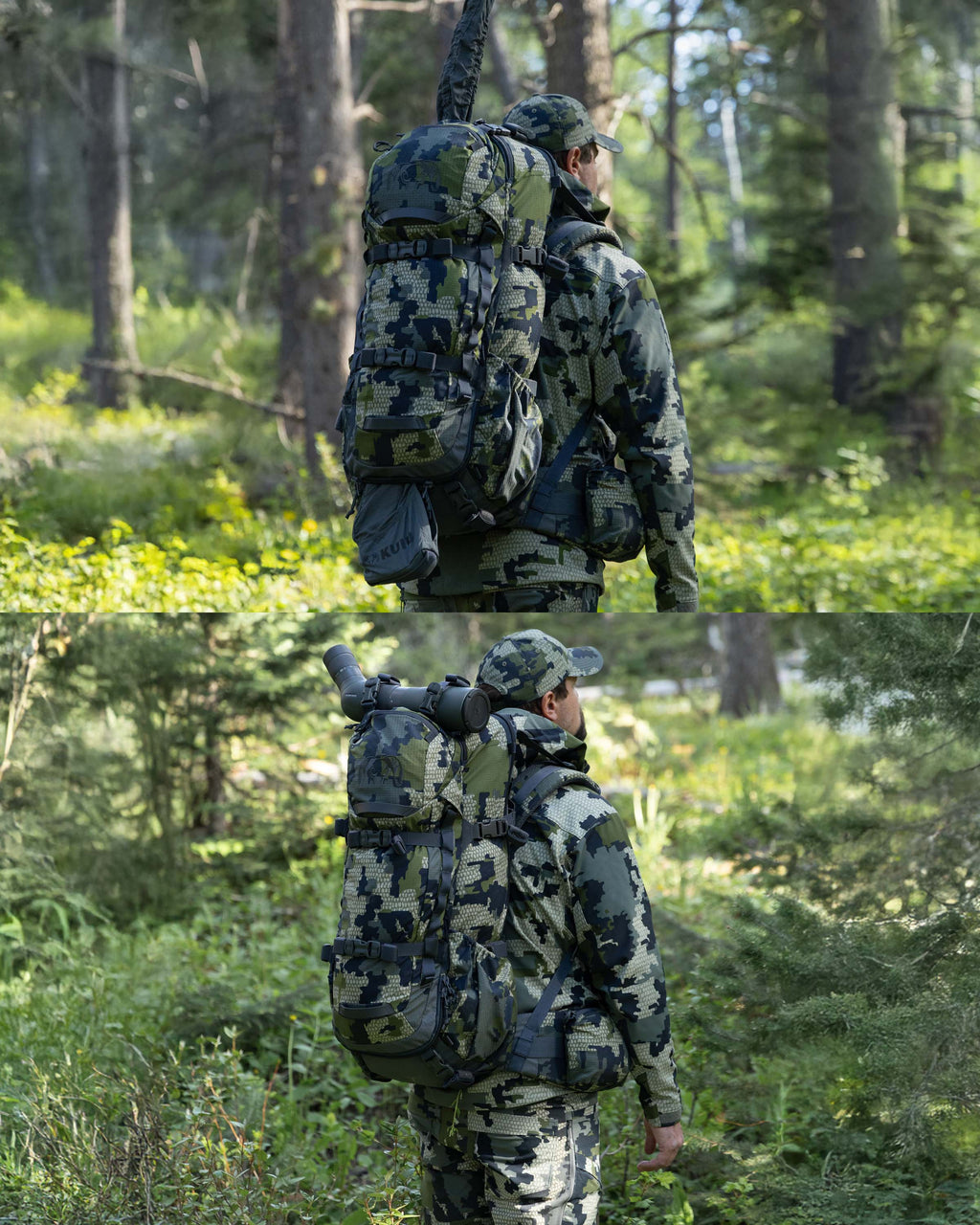 Split images of a hunter with an ICON 6 Divide 4500 Pack in Verde Camouflage walking through a forest with a covered rifle barrel protruding from the extended zipper opening. Bottom image is shown with a spotting scope strapped on the upper part of the pack.