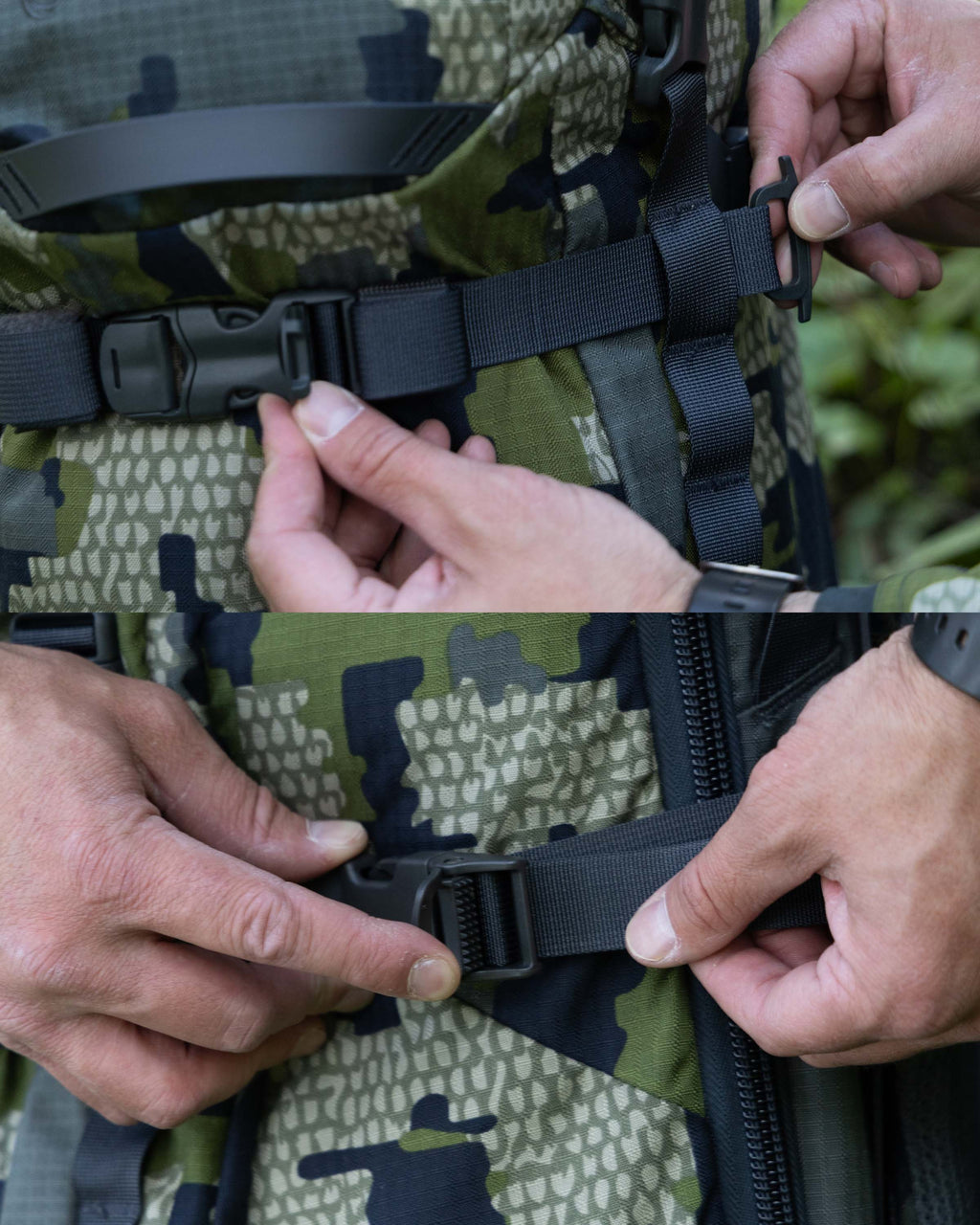 Split image of a person displaying compression strap through the side webbing of the ICON 6 Divide 4500 in Verde Camouflage.
