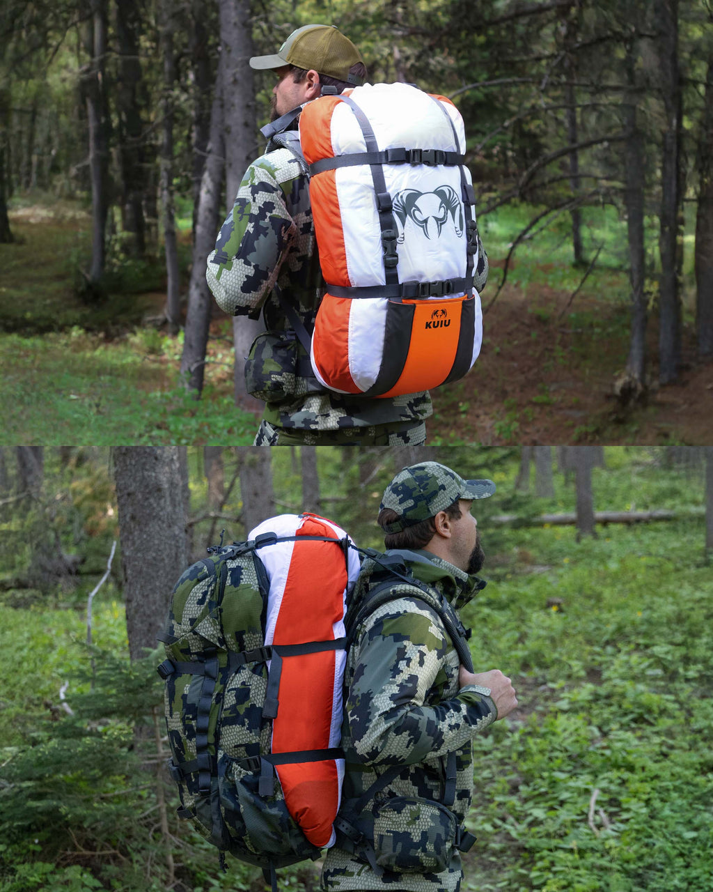 Split images of hunter wearing KUIU ICON 6 hunting pack with pack load hauler and load sling mode.