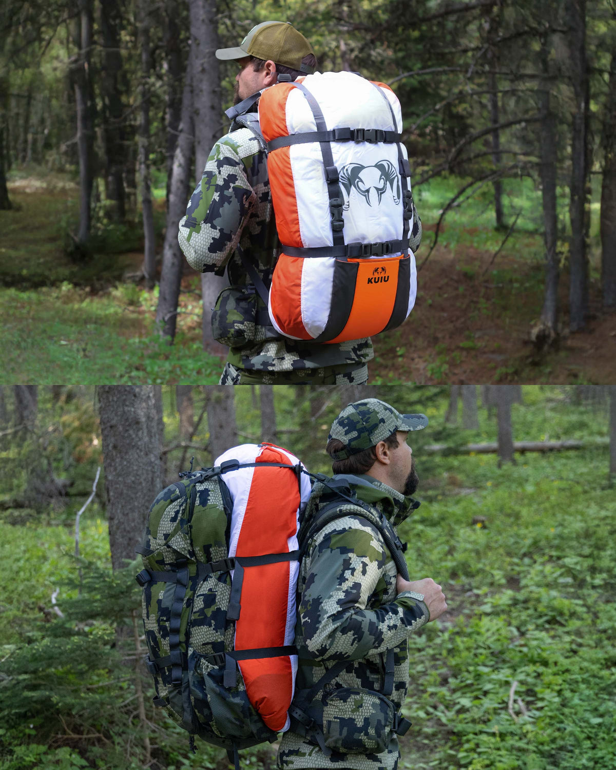 Split images of hunter wearing KUIU ICON 6 hunting pack with pack load hauler and load sling mode.