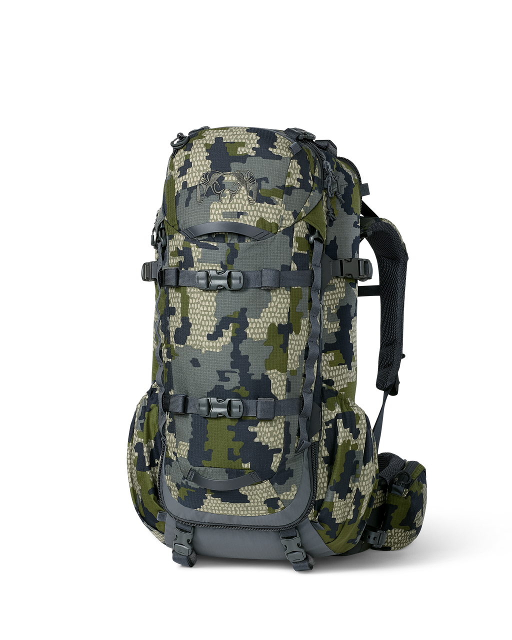 Front angled view of ICON 6 4500 Pack without lid in Verde Camouflage