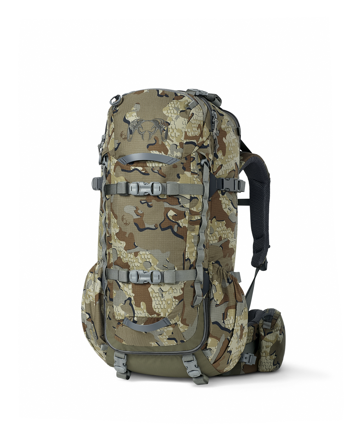 Front angled view of ICON 6 4500 Pack without lid in Valo Camouflage