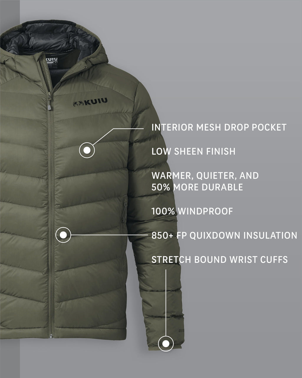 Super Down LT Hooded Jacket Ash Brown Detail Callout