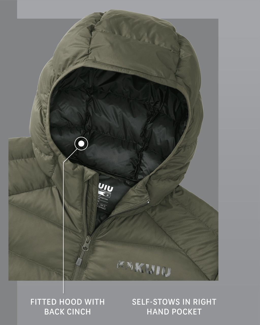 Super Down LT Hooded Jacket in Ash Brown Fitted Hood with Back Cinch and Self-Stows in Right Hand Pocket Detail Callout