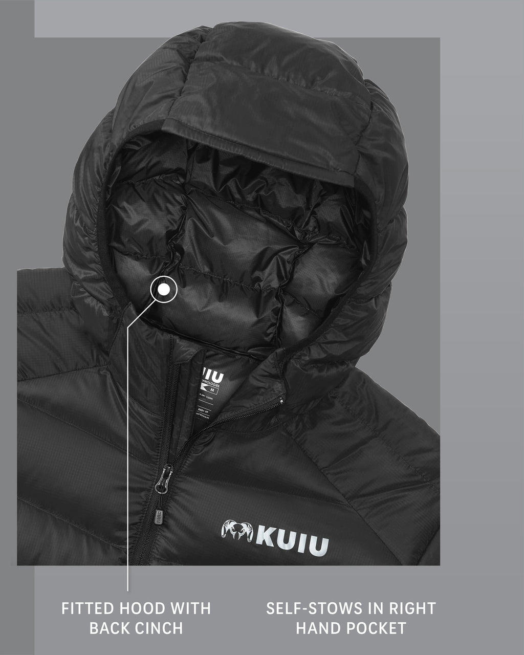 Super Down LT Hooded Jacket in Black Fitted Hood with Back Cinch and Self-Stows in Right Hand Pocket Detail Callout