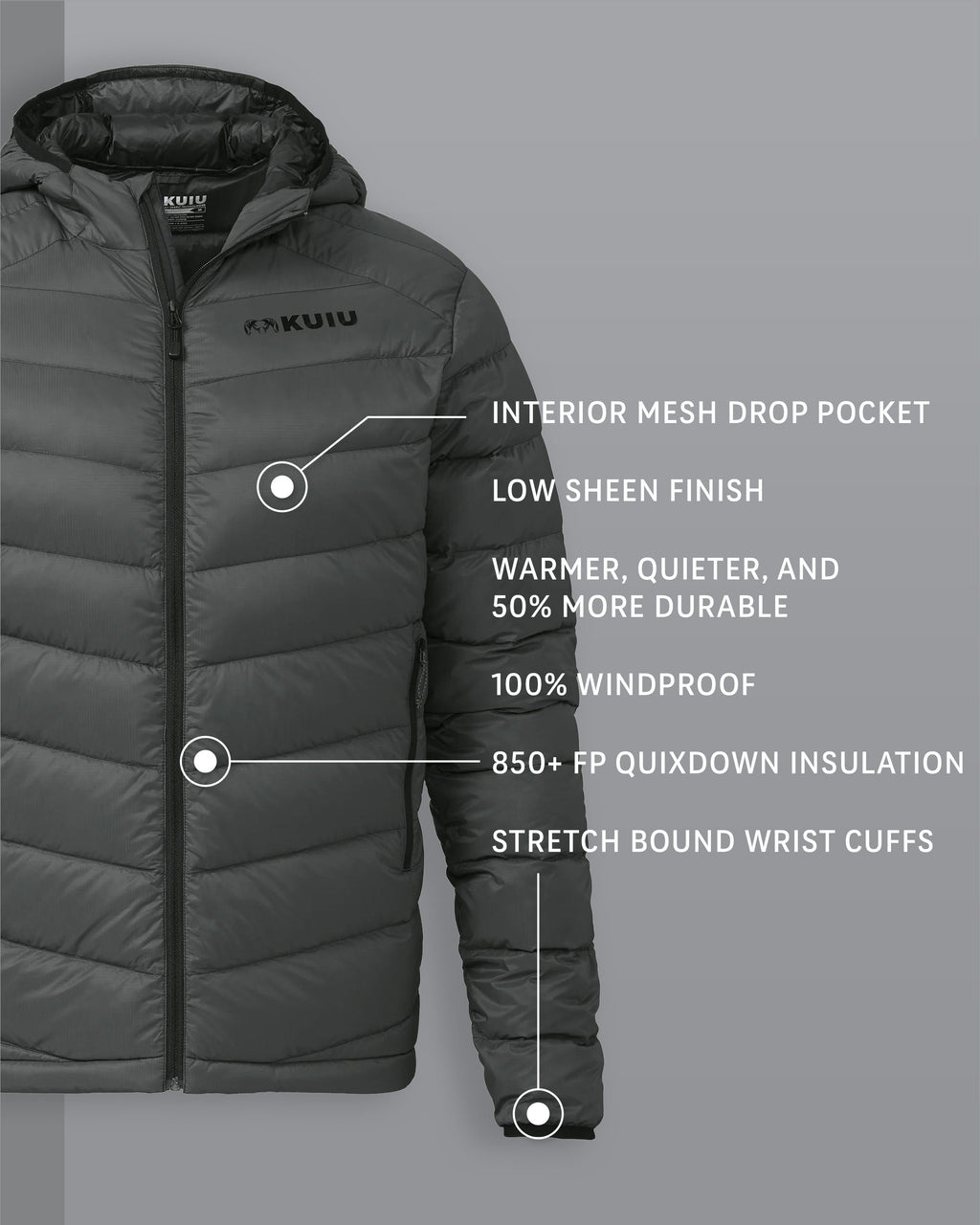 Super Down LT Hooded Jacket Gunmetal Grey Detail Callout