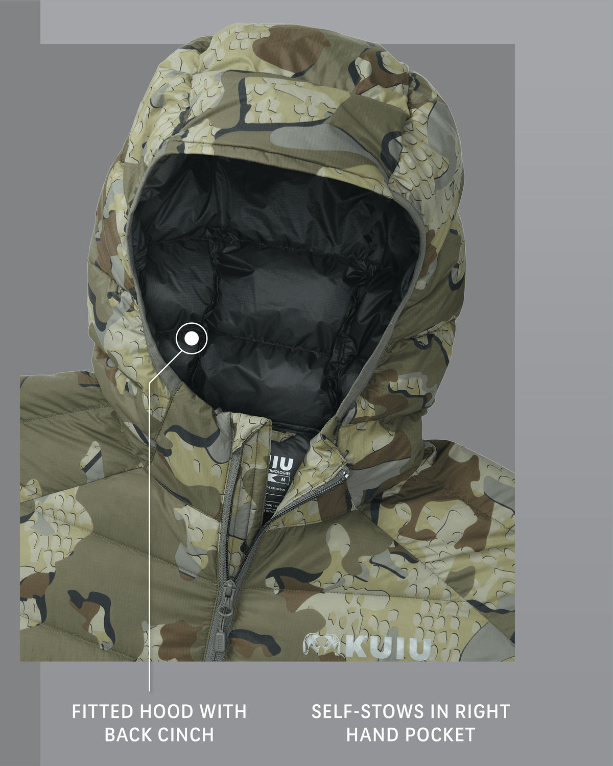 Super Down LT Hooded Jacket in Valo Camouflage Fitted Hood with Back Cinch and Self-Stows in Right Hand Pocket Detail Callout
