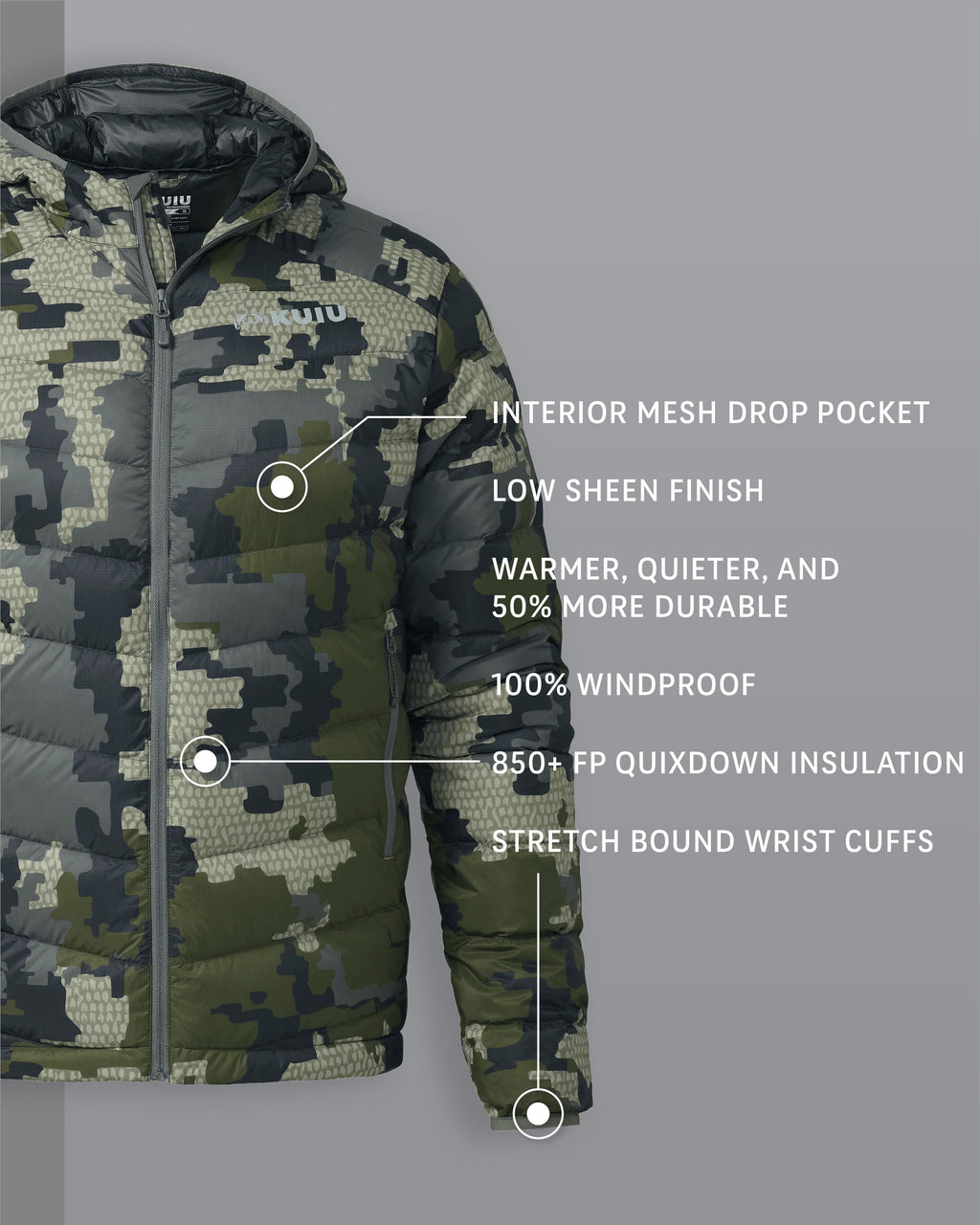 Super Down LT Hooded Jacket Verde Camouflage Detail Callout