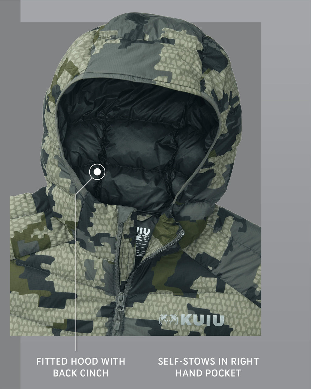 Super Down LT Hooded Jacket in Verde Camouflage Fitted Hood with Back Cinch and Self-Stows in Right Hand Pocket Detail Callout