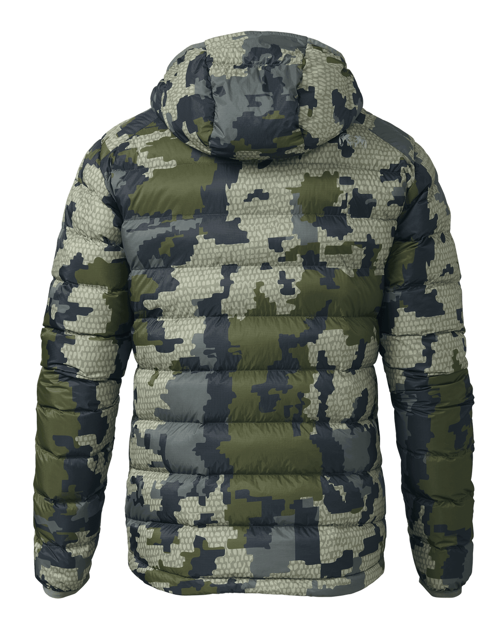 Back of Super Down LT Hooded Jacket in Verde Camouflage