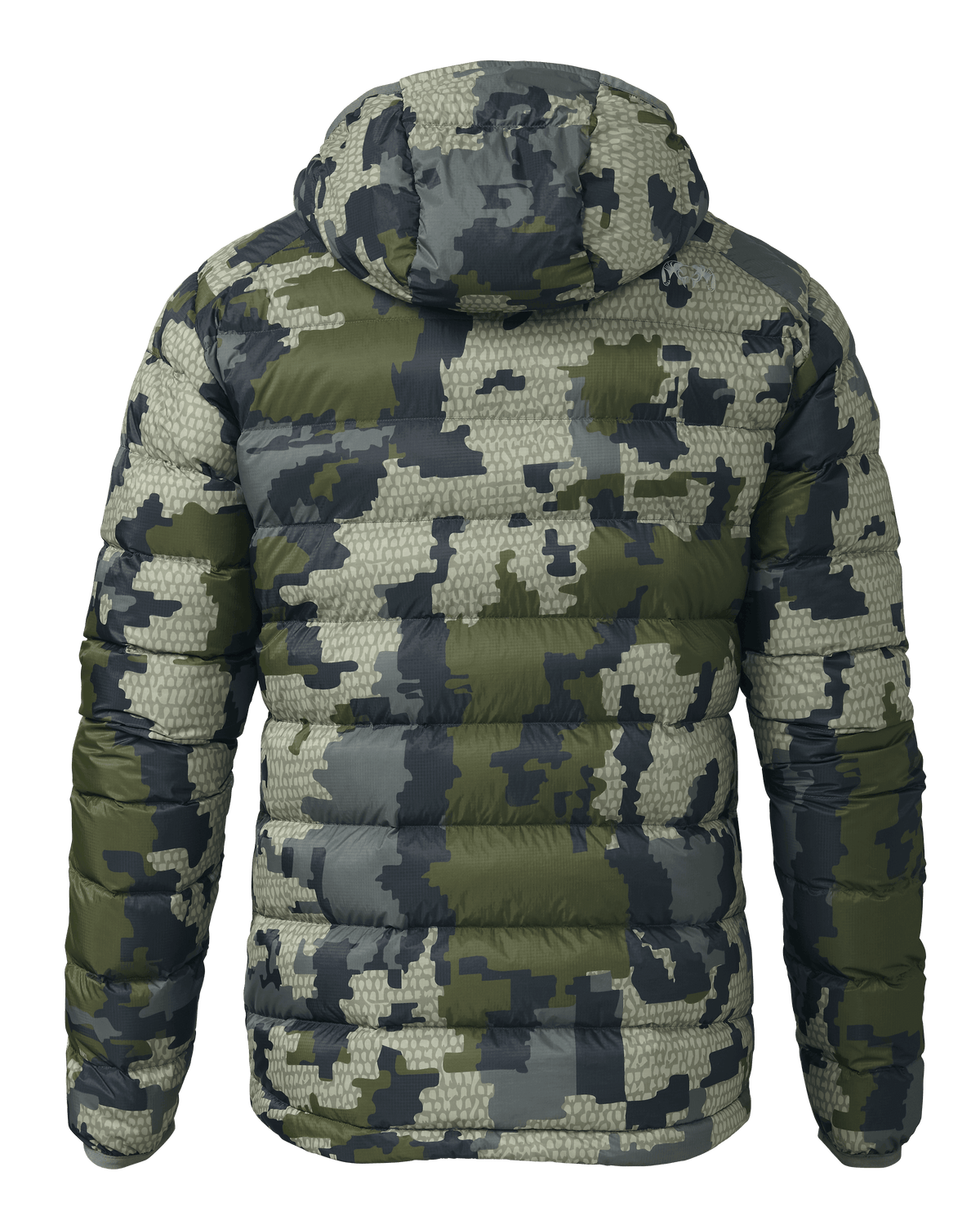 Back of Super Down LT Hooded Jacket in Verde Camouflage