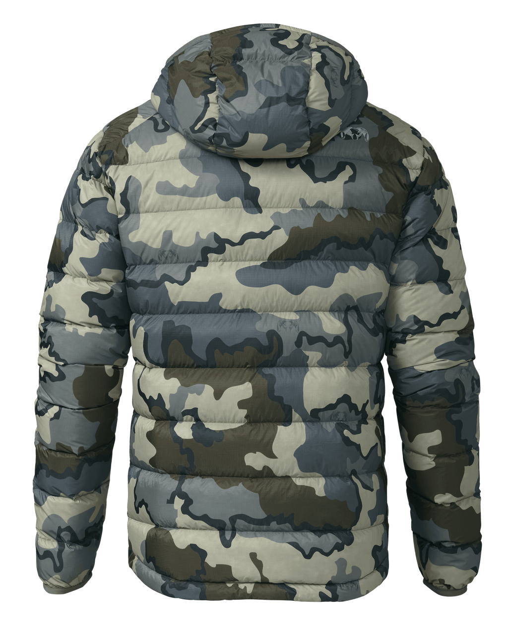Back of Super Down LT Hooded Jacket in Vias Camouflage
