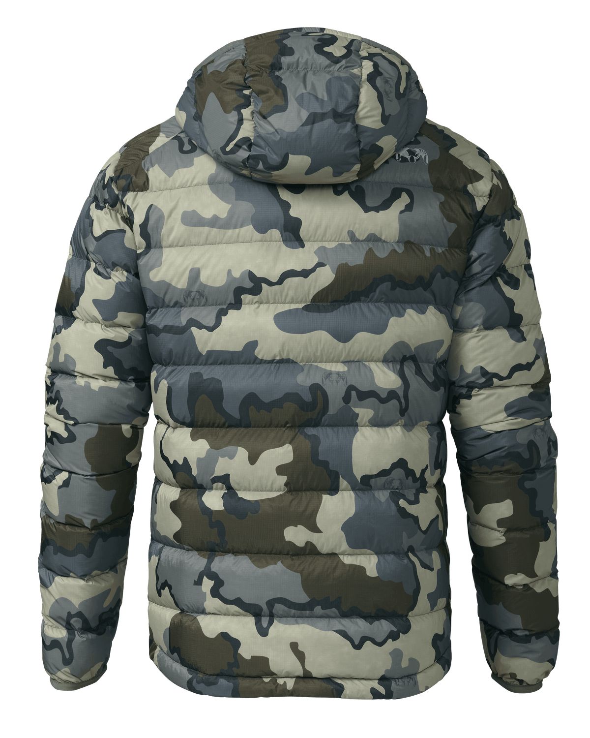 Back of Super Down LT Hooded Jacket in Vias Camouflage