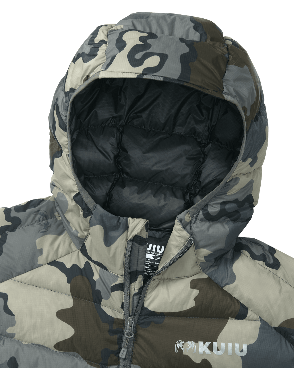 Fitted hood of the Super Down LT Hooded Jacket in Vias Camouflage