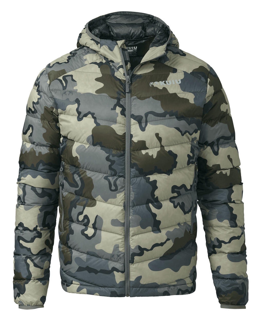Front of Super Down LT Hooded Jacket in Vias Camouflage