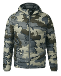 Front of Super Down LT Hooded Jacket in Vias Camouflage