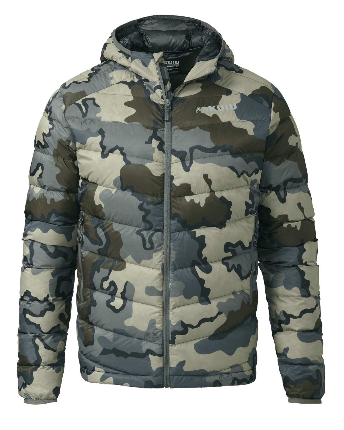 Front of Super Down LT Hooded Jacket in Vias Camouflage