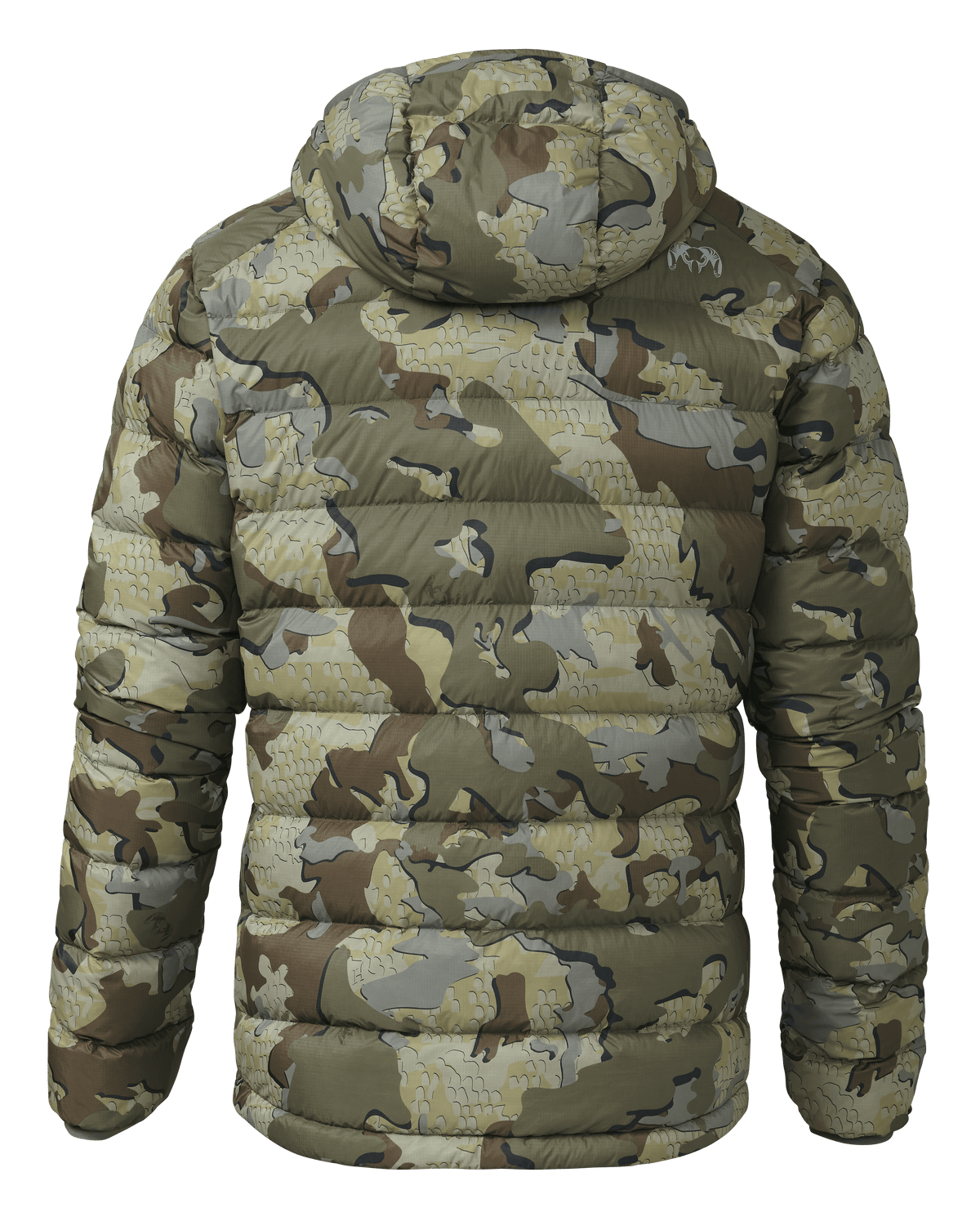 Back of Super Down LT Hooded Jacket in Valo Camouflage