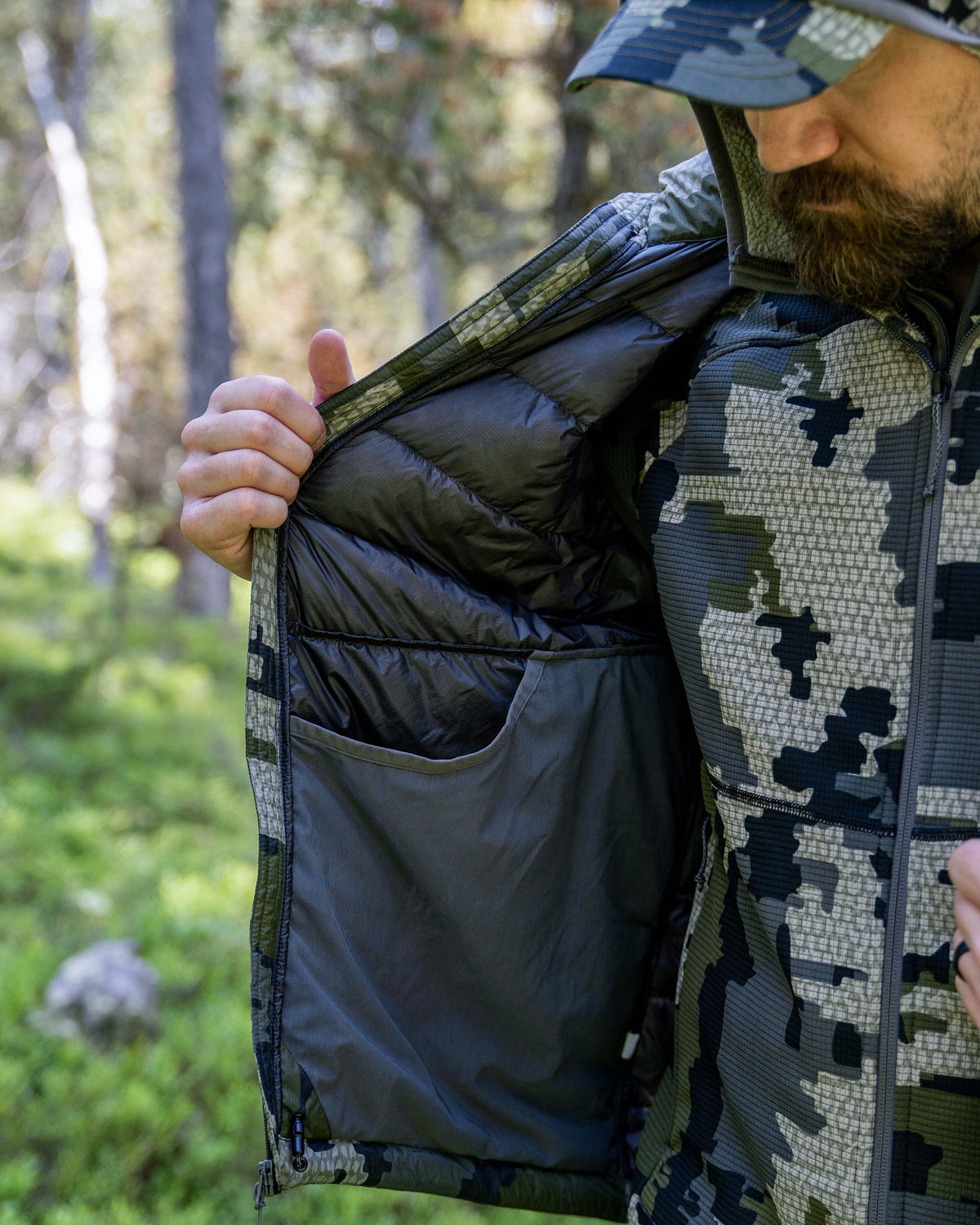 Hunter Opening Super Down LT Vest in Verde Camouflage to Highlight Interior Mesh Drop Pocket