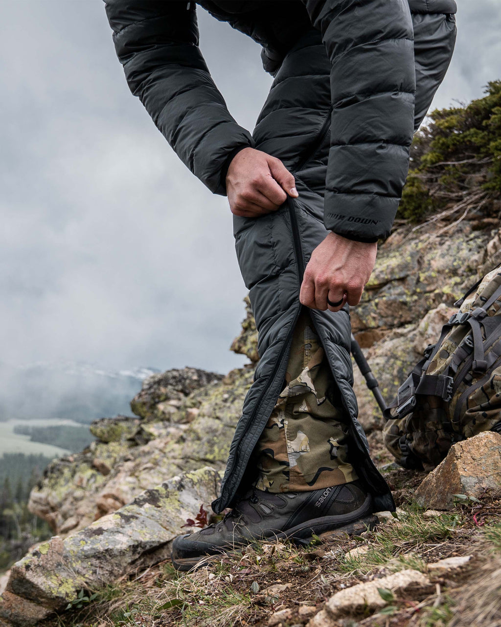 Hunter Zipping Down Full Length Leg Zipper on Super Down LT Pants In Gunmetal Grey