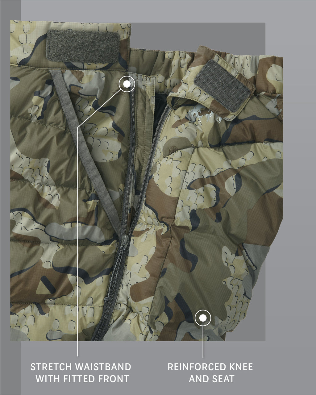 Super Down LT Pant Vias Camouflage Stretch Waistband with Fitted Front and Reinforced Knee and Seat Detail Callout