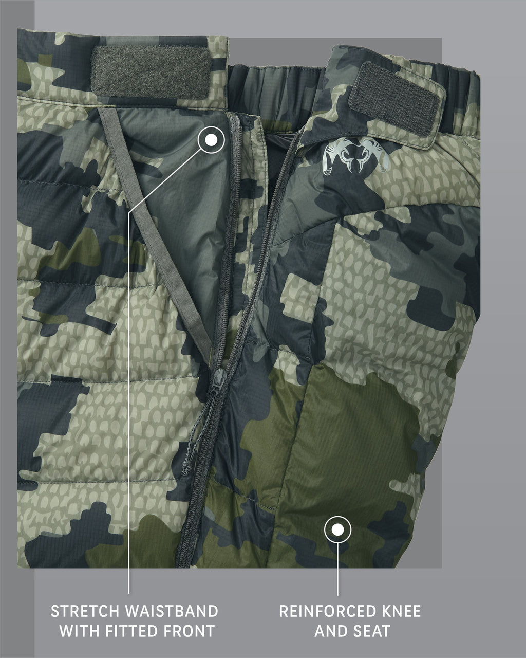 Super Down LT Pant Verde Camouflage Stretch Waistband with Fitted Front and Reinforced Knee and Seat Detail Callout