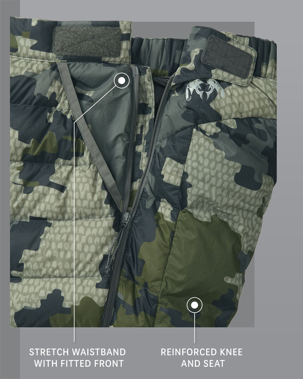 Super Down LT Pant Verde Camouflage Stretch Waistband with Fitted Front and Reinforced Knee and Seat Detail Callout