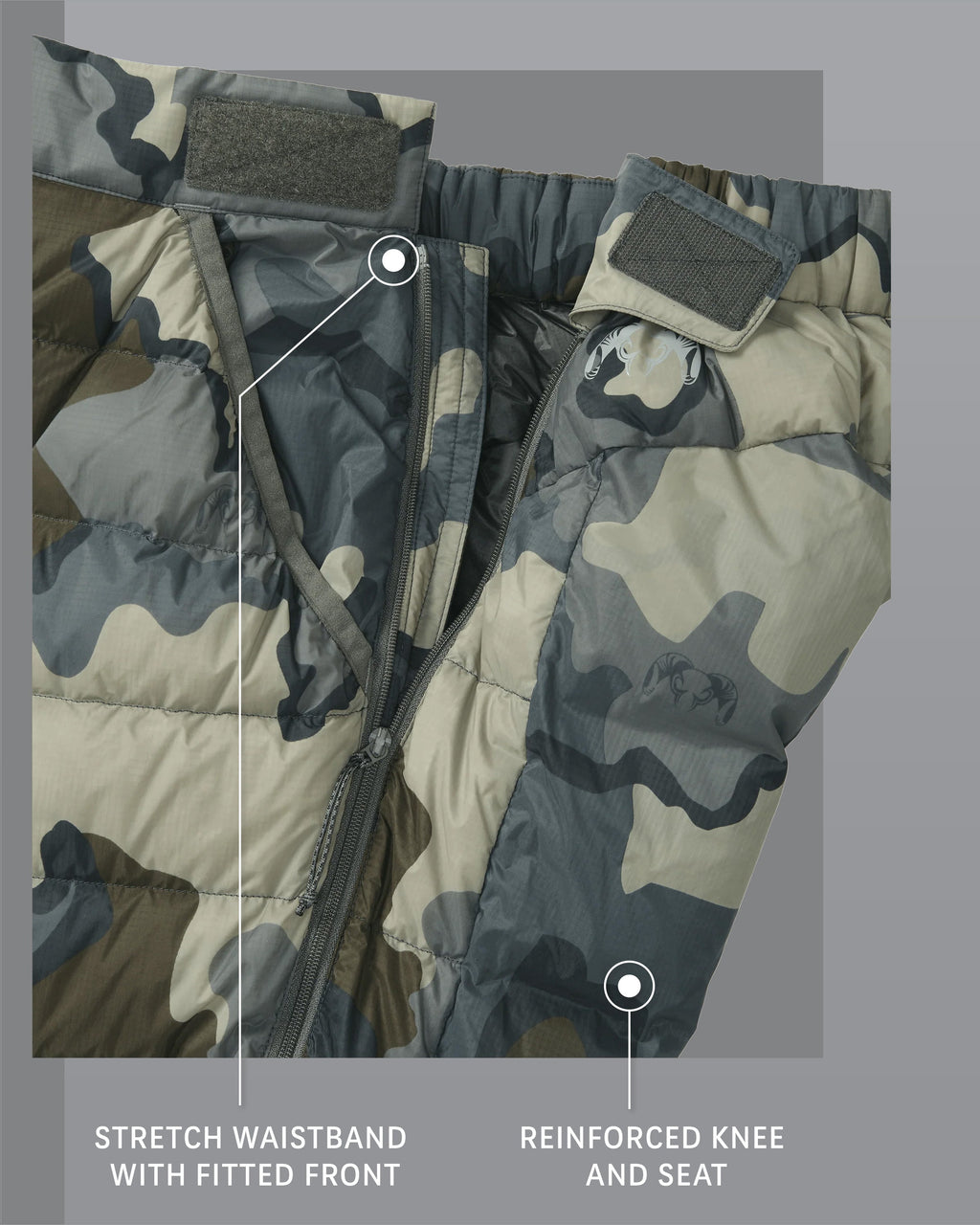 Super Down LT Pant Vias Camouflage Stretch Waistband with Fitted Front and Reinforced Knee and Seat Detail Callout