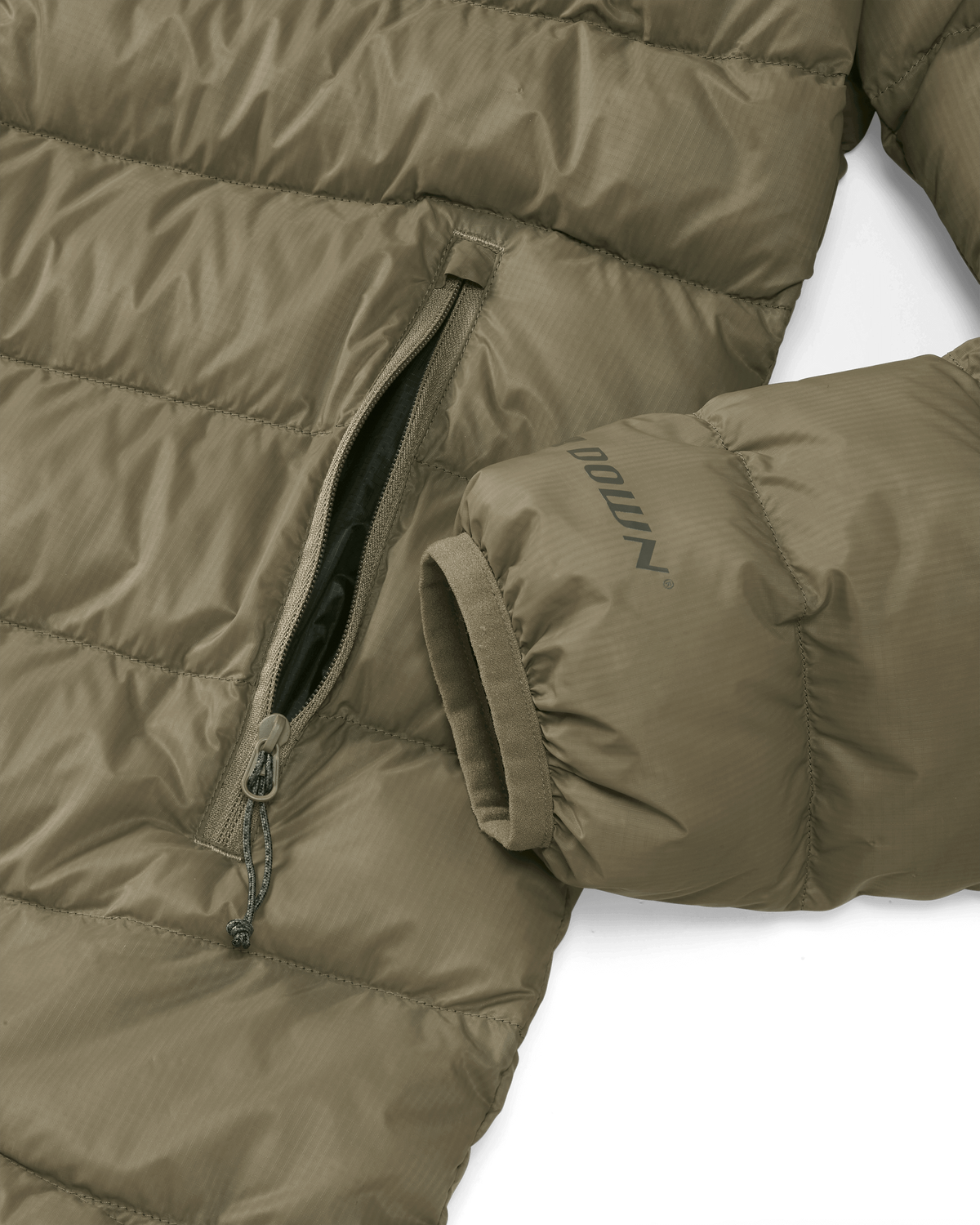 Lower Front of Women's Super Down LT Jacket in Khaki Highlighting Stretch Bound Wrist Cuff and Zippered Hand Pocket