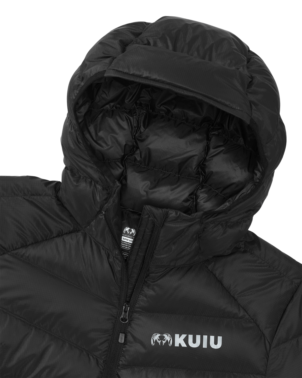 Front of Women's Super Down LT Hooded Jacket in Black Color Highlighting Fitted hood with stretch bound opening