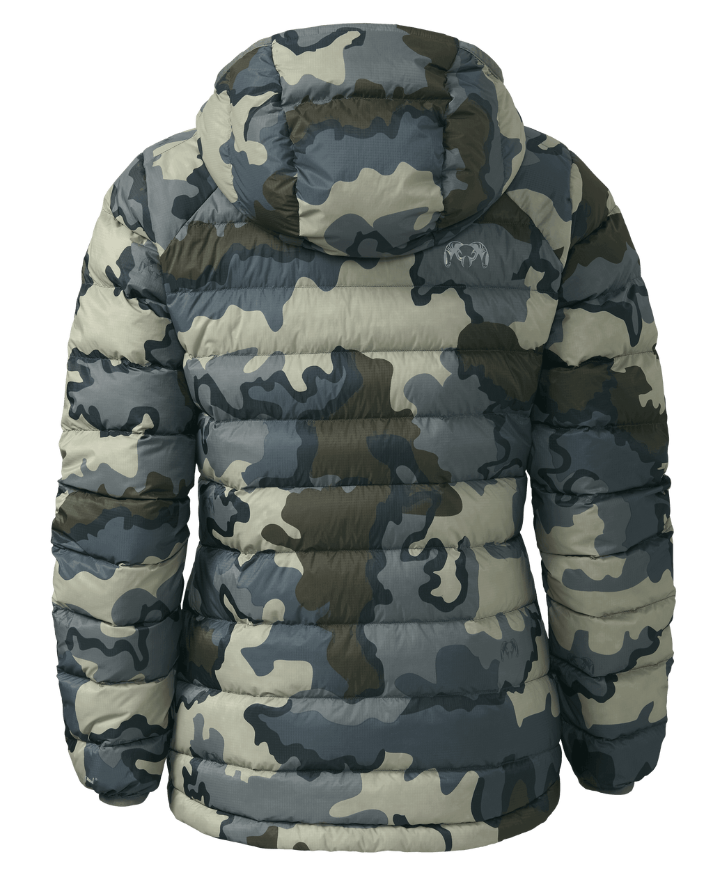 Back of Women's Super Down LT Hooded Jacket in Vias Camouflage