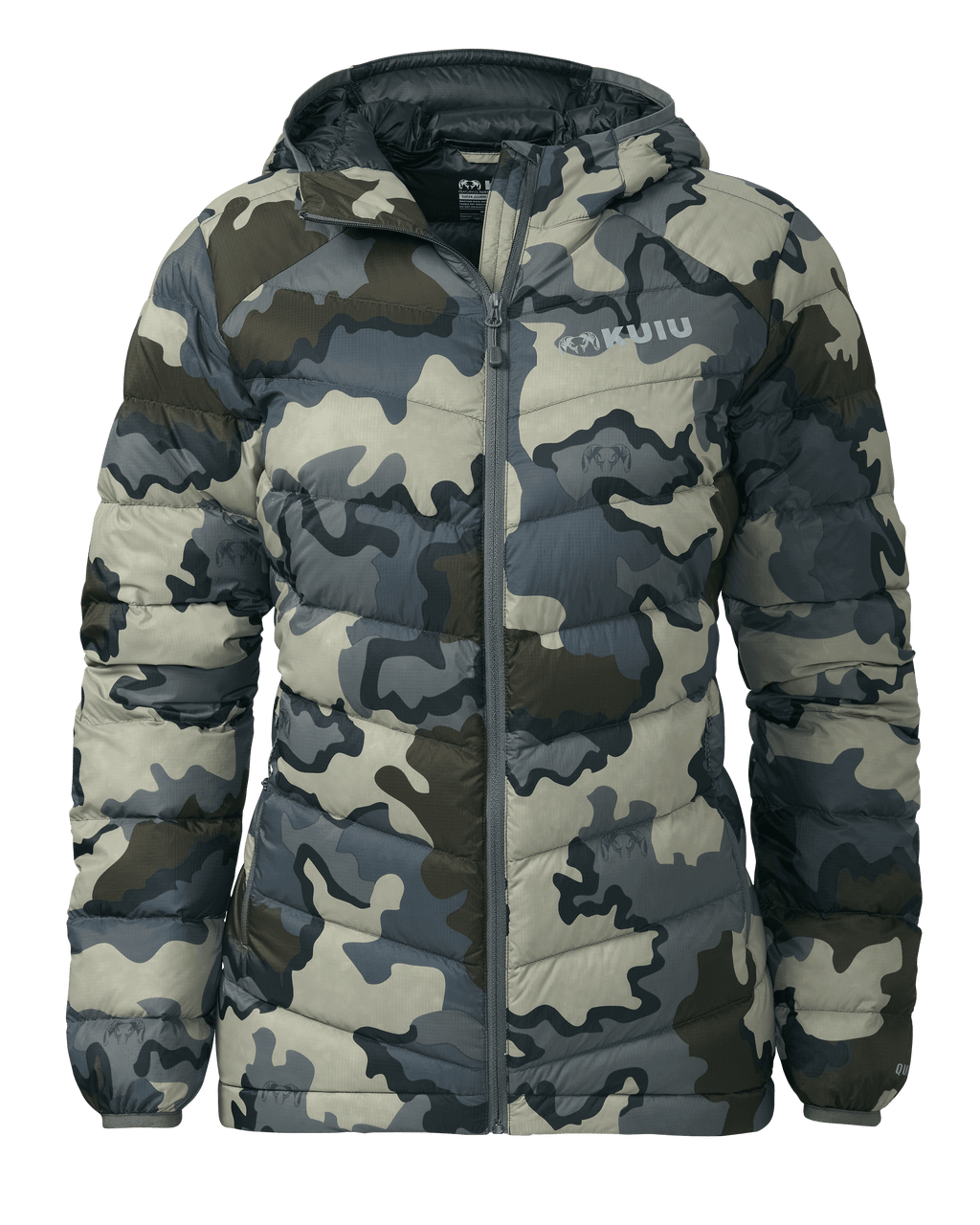 Front of Women's Super Down LT Hooded Jacket in Vias Camouflage