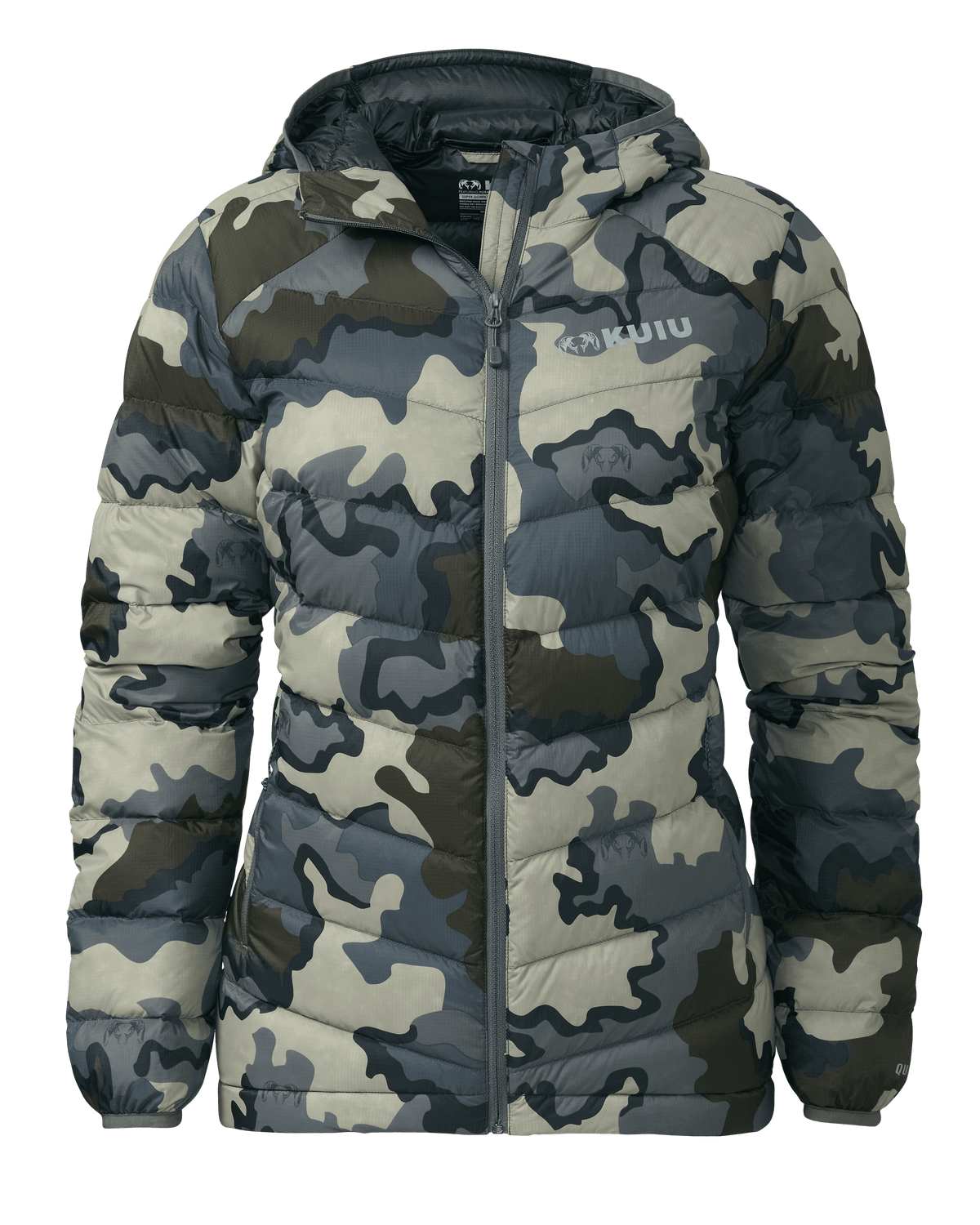 Front of Women's Super Down LT Hooded Jacket in Vias Camouflage