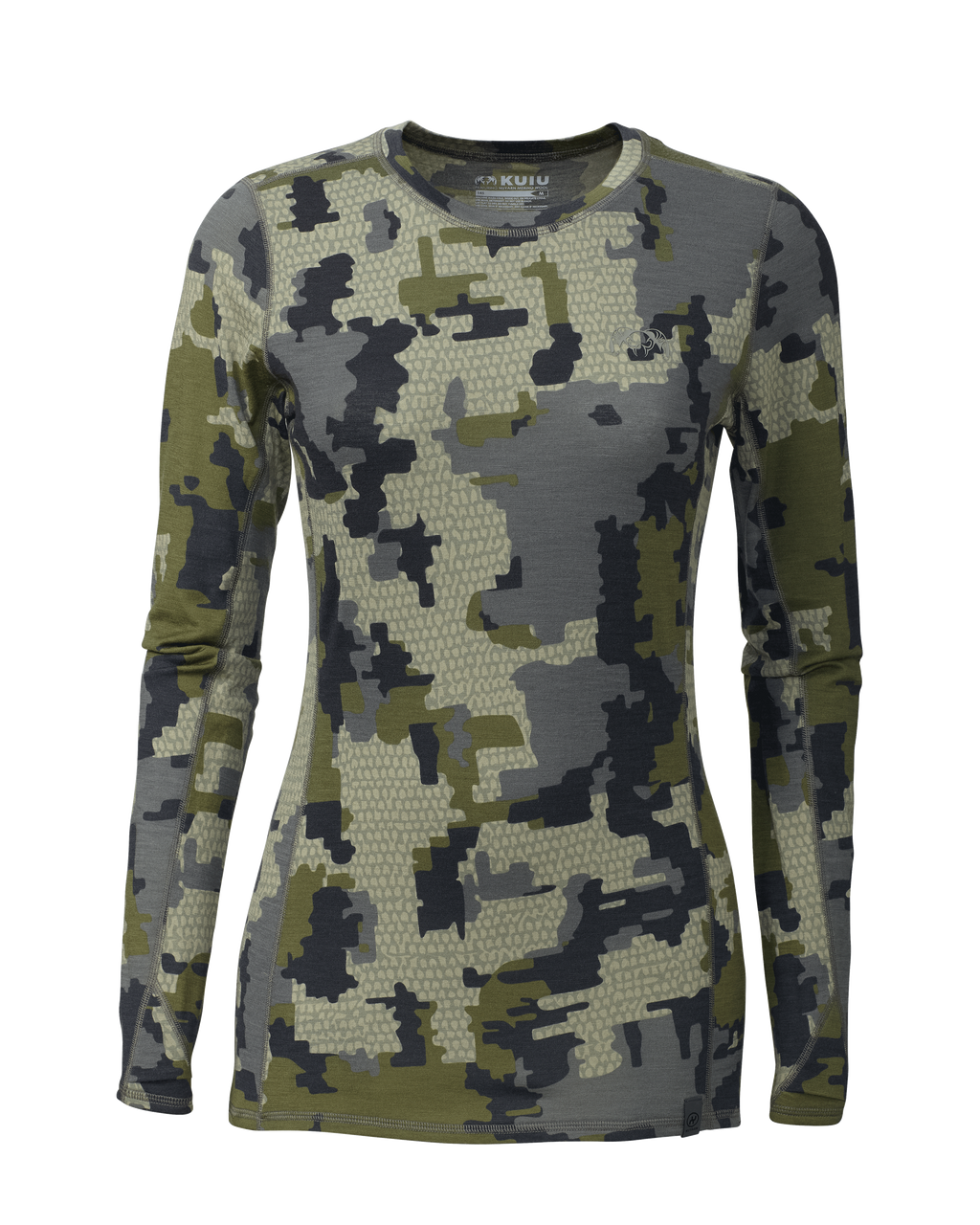 Front of Women's ULTRA Merino 145 Long Sleeve Crewneck Shirt in Verde Camouflage