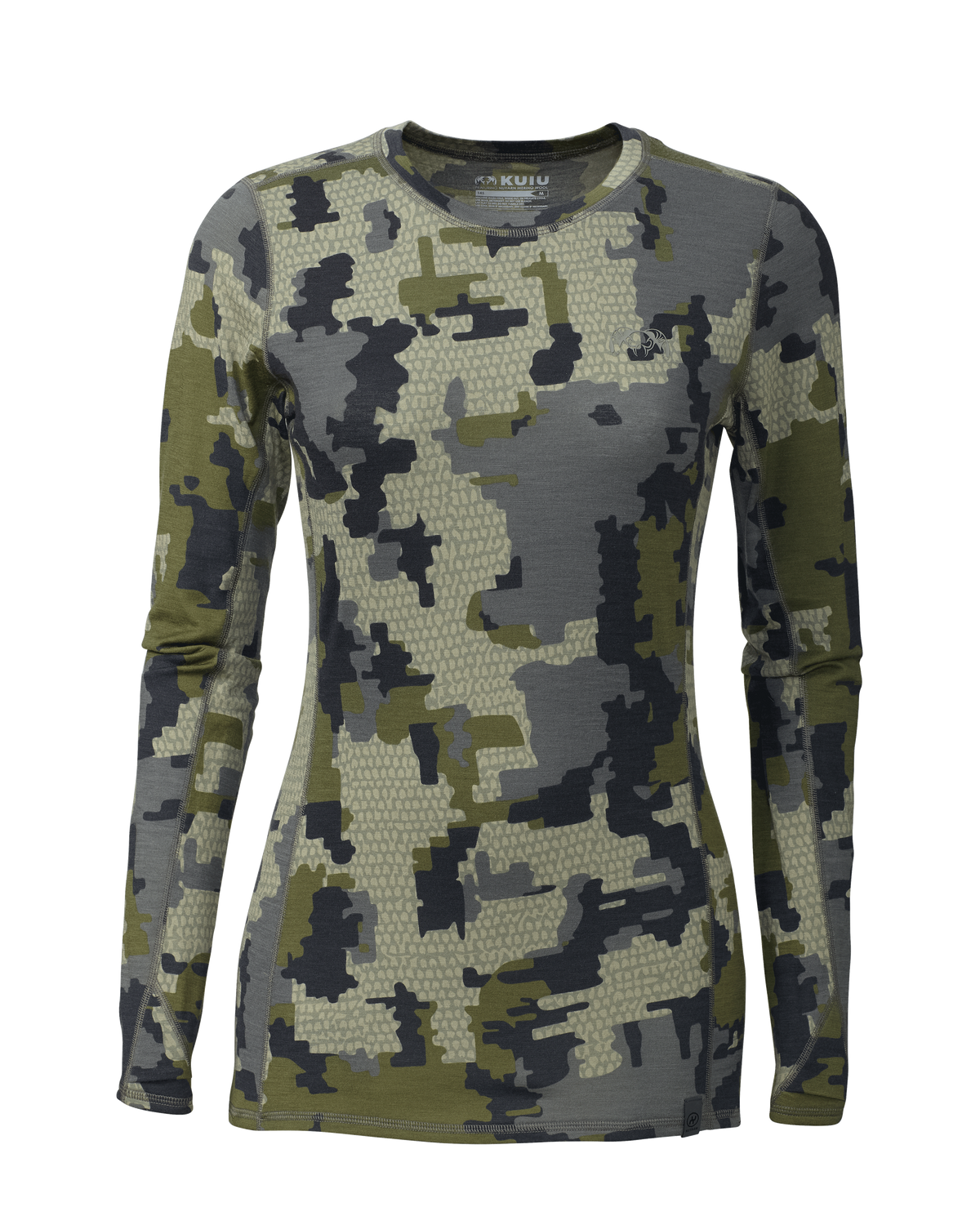 Front of Women's ULTRA Merino 145 Long Sleeve Crewneck Shirt in Verde Camouflage