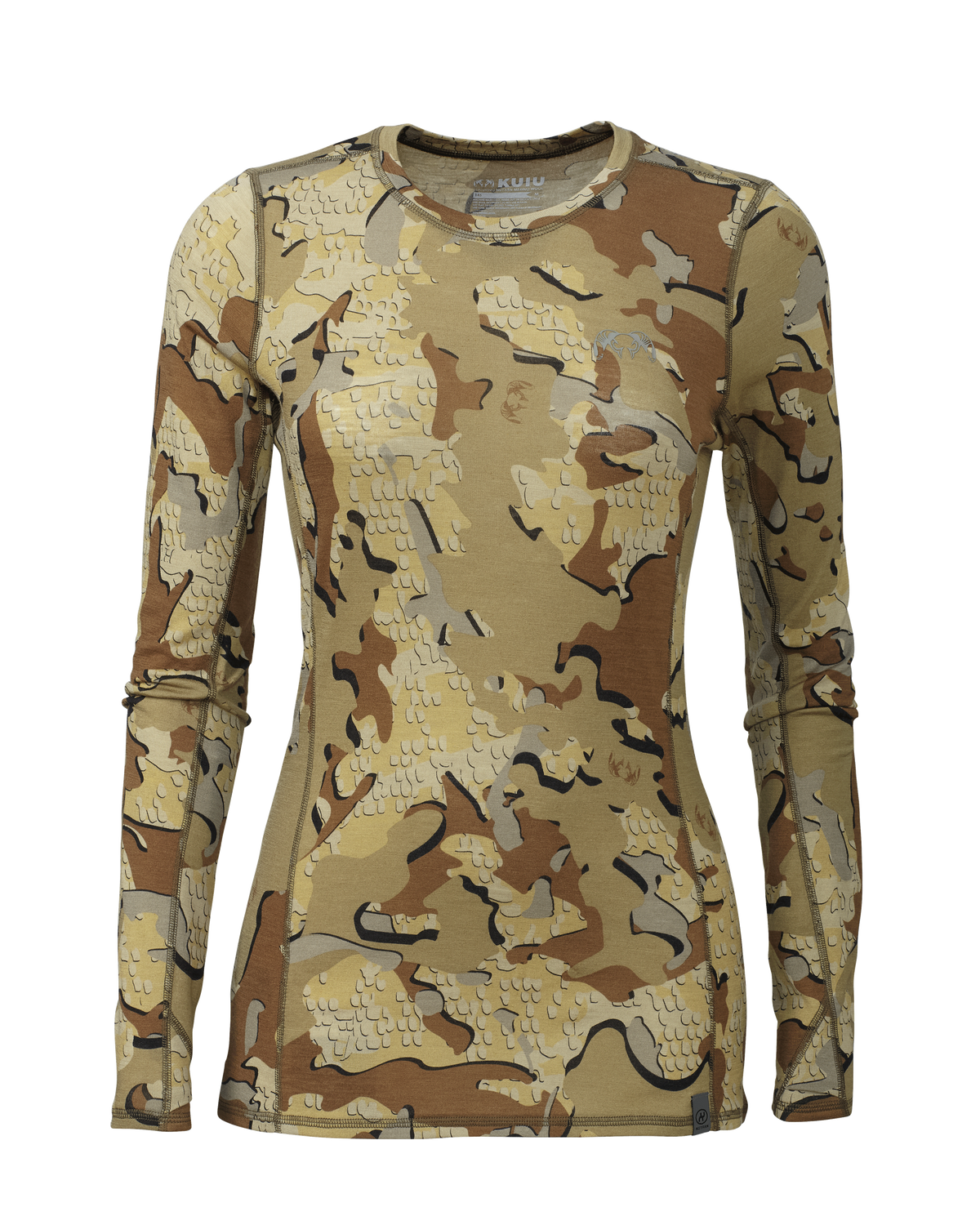 Front of Women's ULTRA Merino 145 Long Sleeve Crewneck Shirt in Valo Camouflage