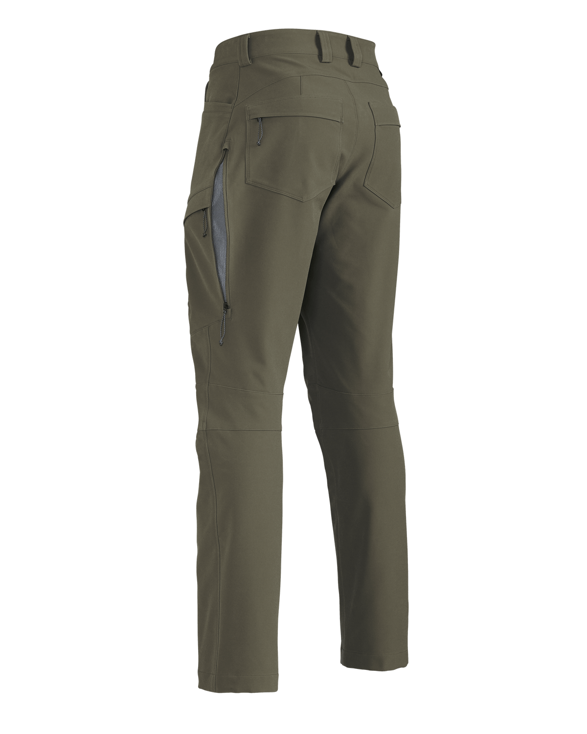 Back of Women's Attack Pant in Ash Brown Color with open YKK Zippered Hip Vent